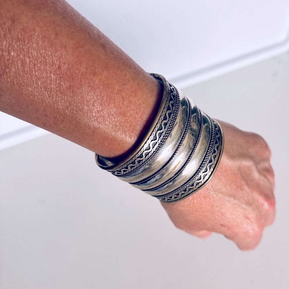 Vintage 3” Boho Silver-Toned Cuff Bracelet - Picture 6 of 14